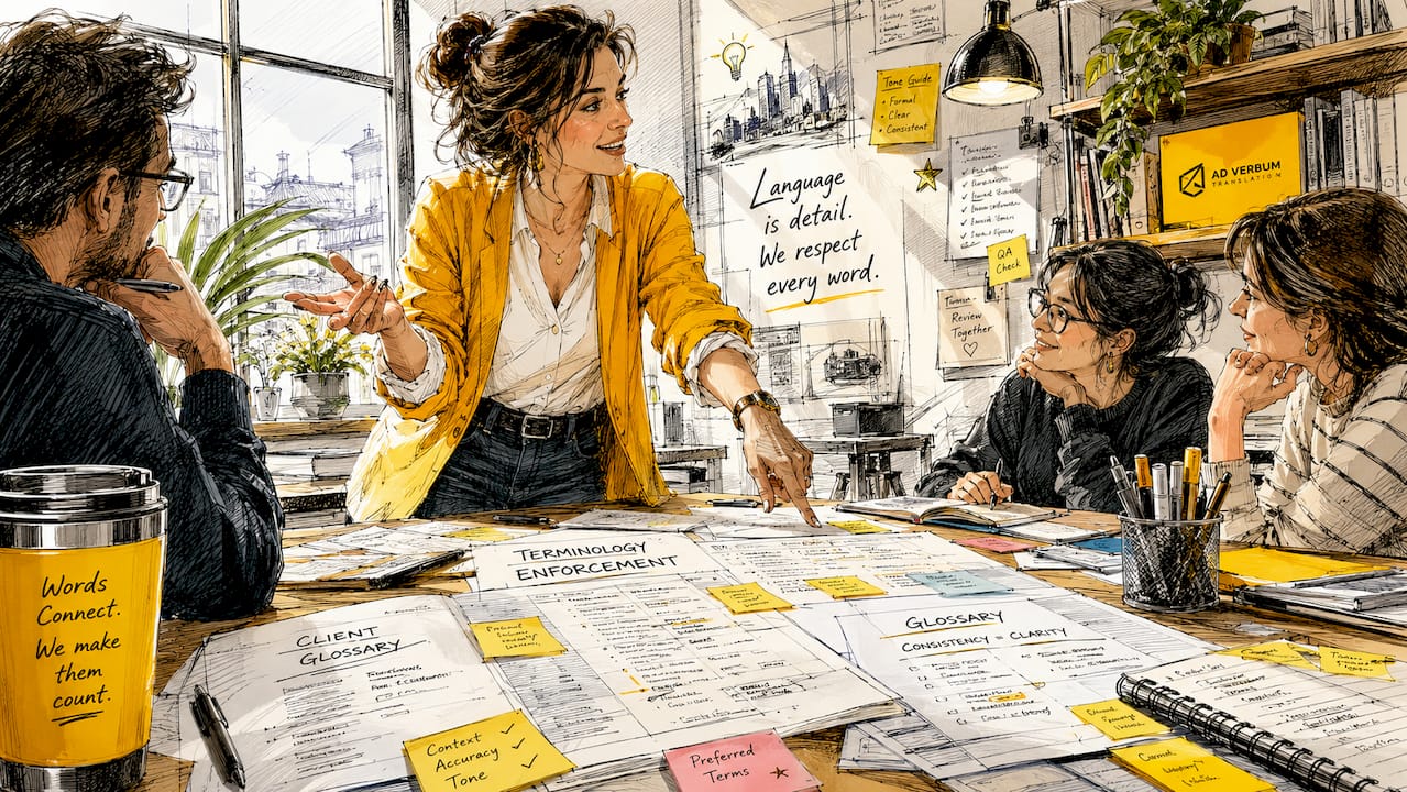 Project manager consulting printed glossary in translation office