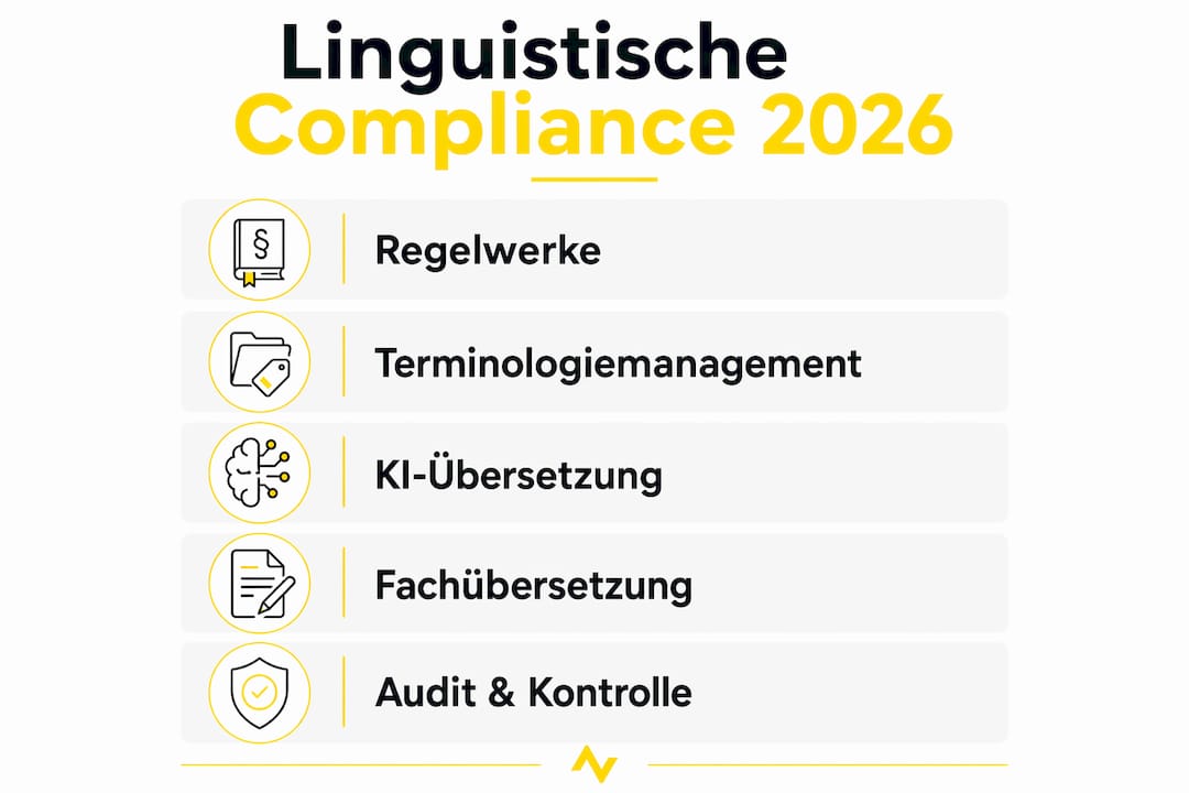 Diese Infografik veranschaulicht den Ablauf des linguistischen Compliance-Prozesses im Jahr 2026.