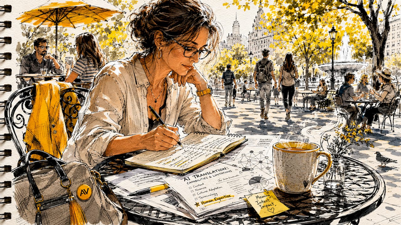 En kvinne sitter på kafé og jobber med oversettelsesdokumenter, mens hun gjør notater og justeringer.