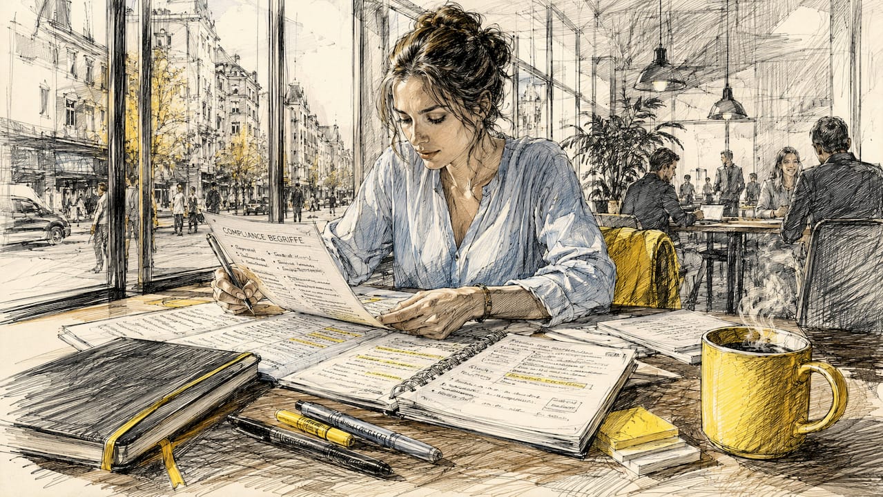 Eine Frau sitzt konzentriert am Schreibtisch und überprüft Fachbegriffe.