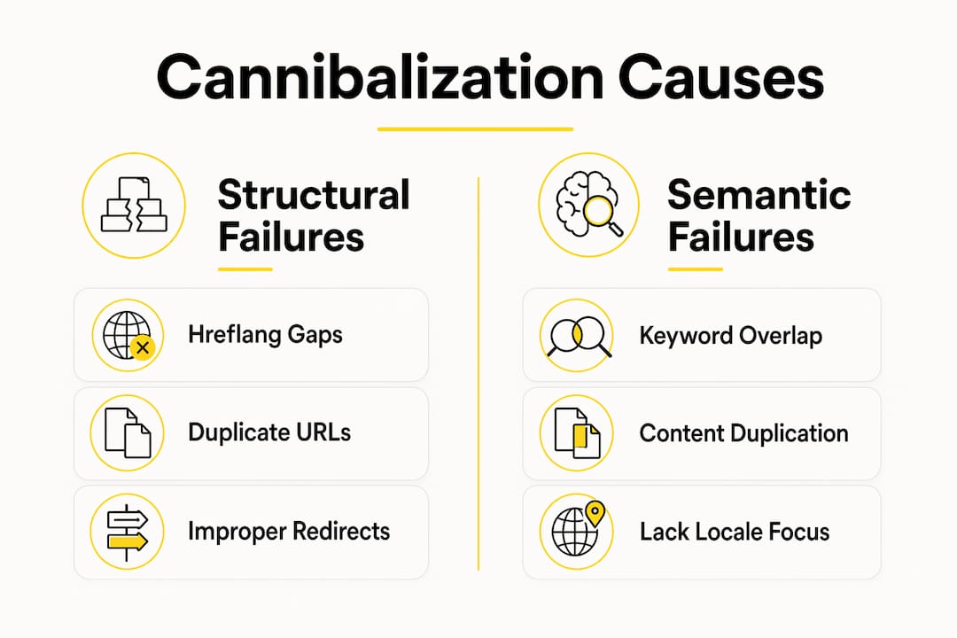 Infographic contrasting structural and semantic causes of SEO cannibalization