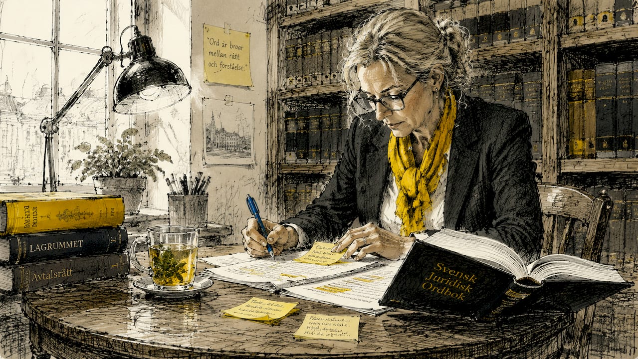 En jurist med specialisering på översättningar sitter på ett café och går noggrant igenom viktiga dokument.