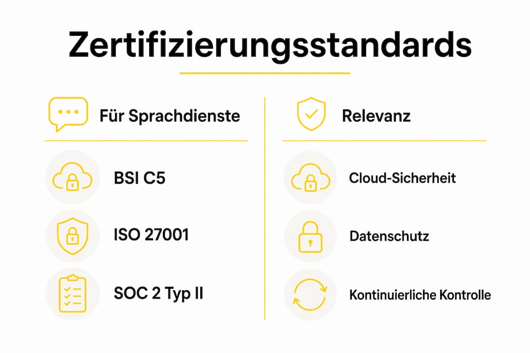Übersichtsgrafik: Wichtige Zertifizierungsstandards für Sprachdienstleister und ihre Bedeutung
