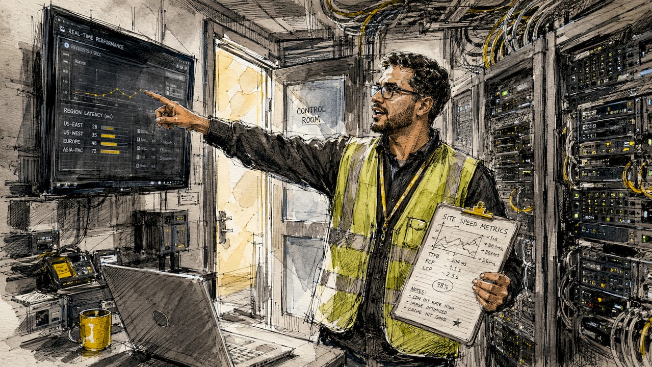 Data center worker reviewing site speed metrics