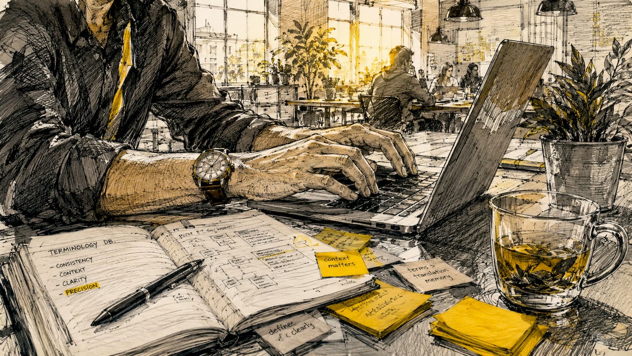 Nahaufnahme von Händen, die Begriffe in eine Terminologiedatenbank eingeben