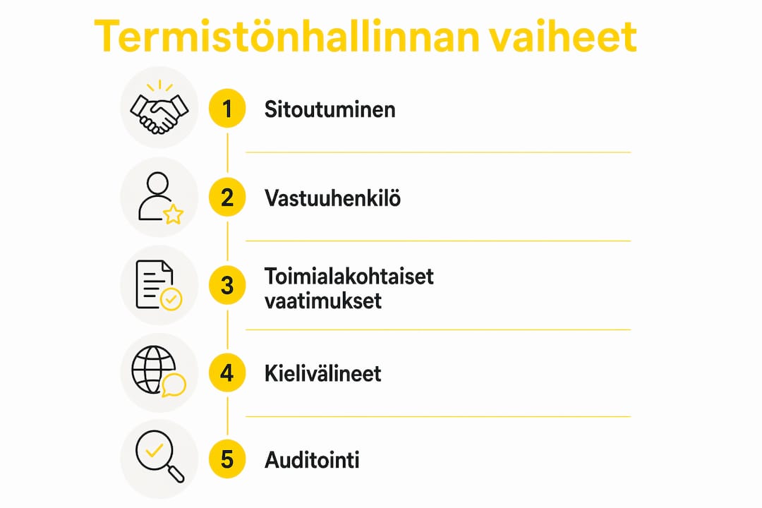 Yrityksen termistönhallinnan prosessin kulku – havainnollistava infografiikka
