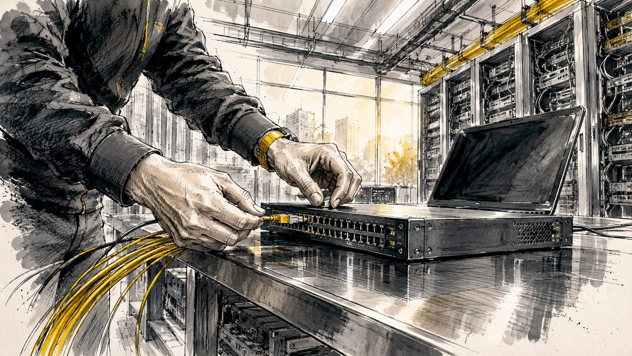 IT-asiantuntija työskentelee laitteiden parissa palvelinsalissa.