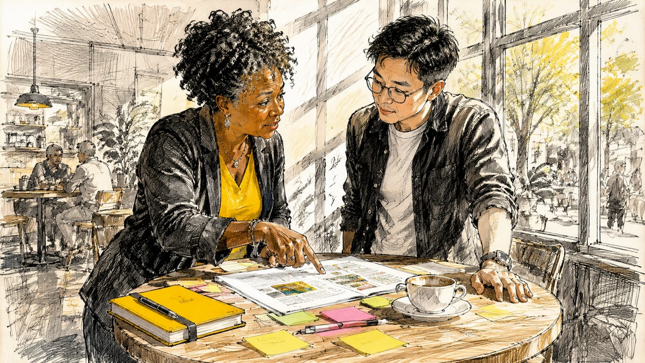 Two specialists discussing translation errors in conference room