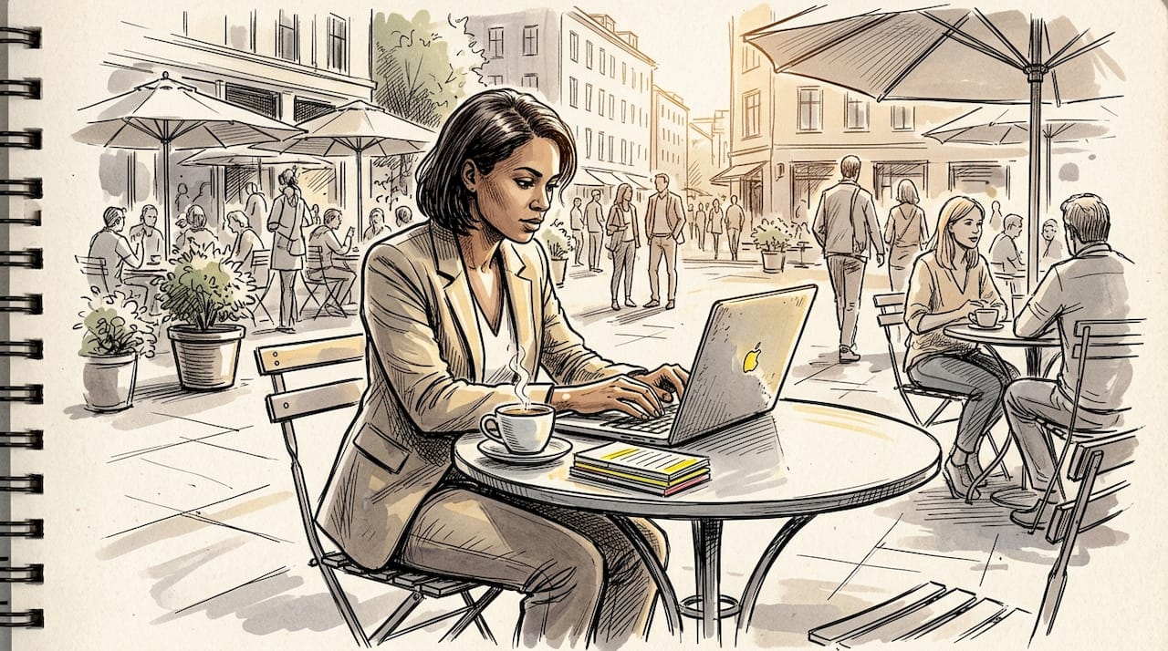 Kvinne jobber på laptop på en hyggelig kafé med fleksible arbeidsplasser