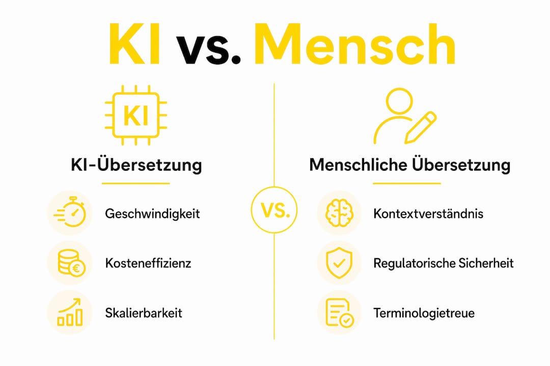 Eine Infografik zeigt die Unterschiede zwischen Übersetzungen durch KI und Menschen auf.