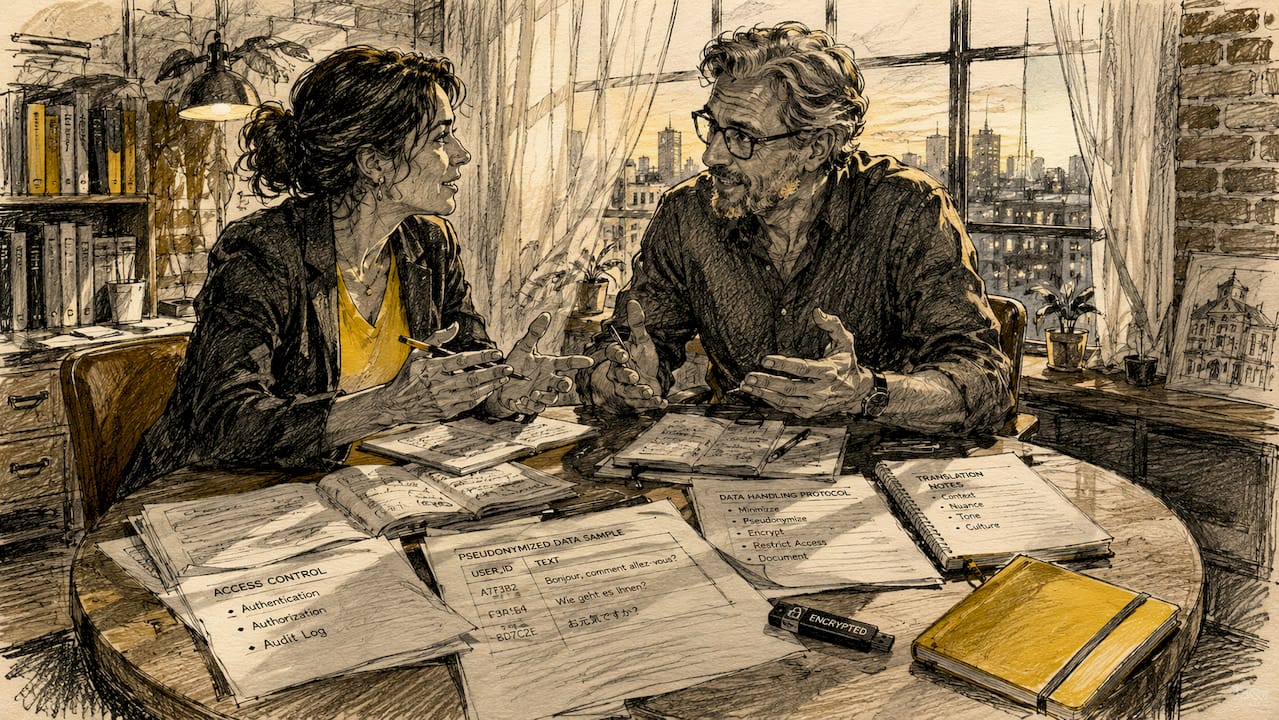 Colleagues discussing access control in translation workflow