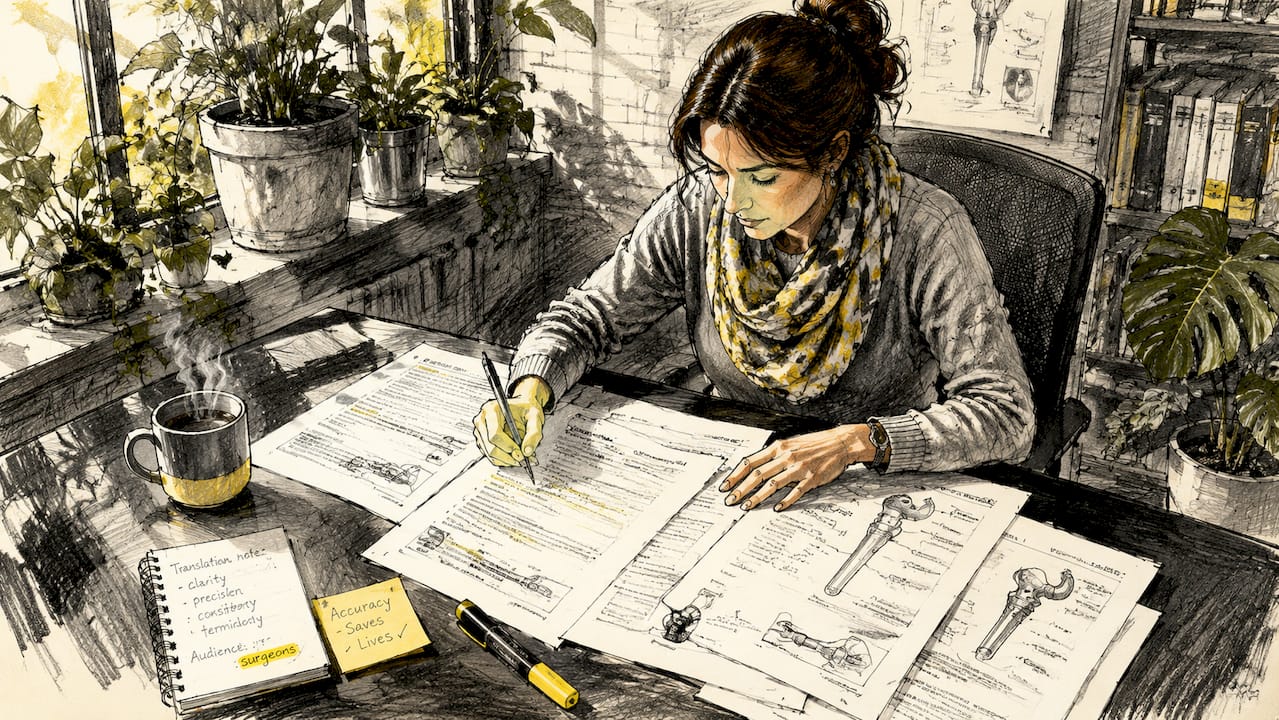 Translator reviewing medical technical documents in café