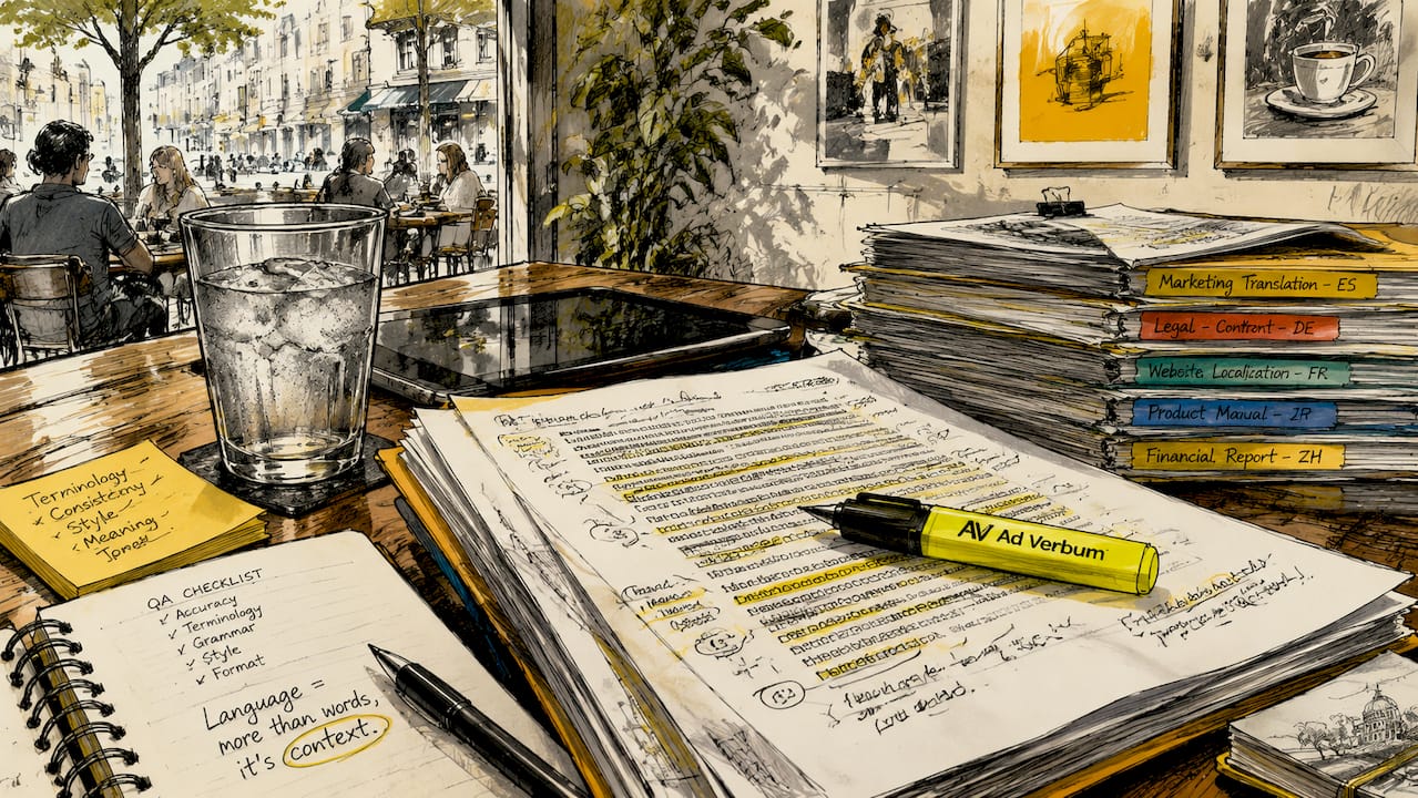Overhead view of translation audit workspace with documents