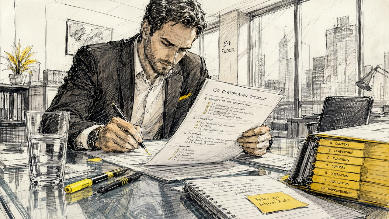 Compliance officer reviewing ISO checklist at conference table