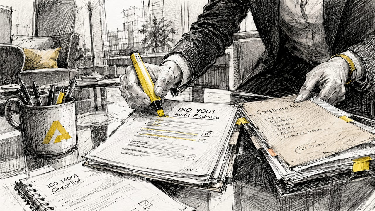 Hands organizing ISO documents with highlighter on desk