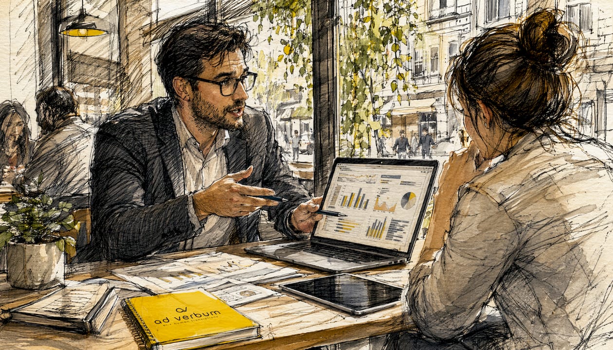 Business meeting discussing localization ROI