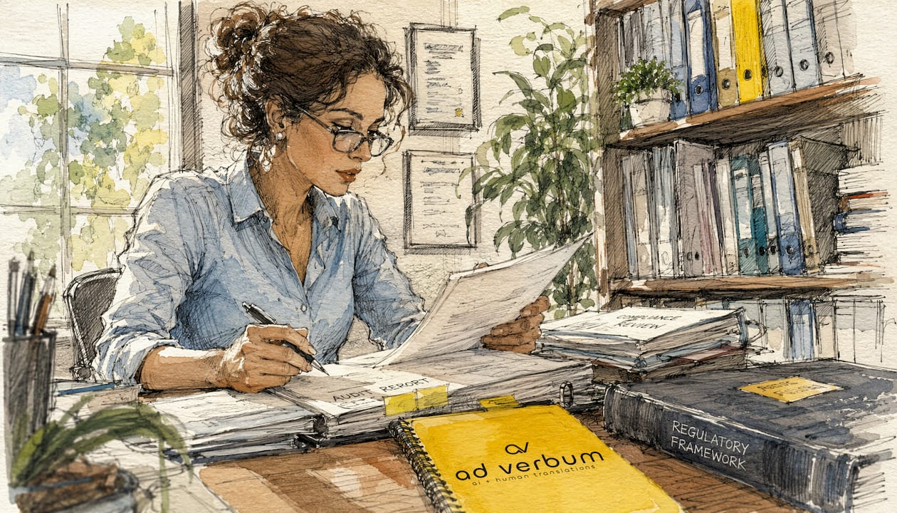 Compliance officer examining audit papers at desk