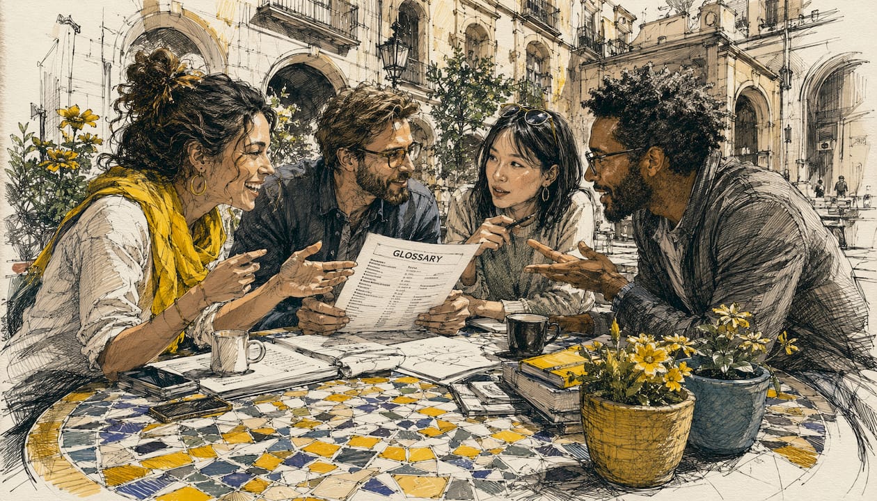 In einem lebhaften Coworking-Space tauscht sich das Team angeregt über die Begriffe des firmeneigenen Glossars aus.