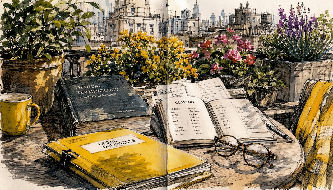 Im sanften Morgenlicht liegen ein Glossar und Unterlagen auf dem Bibliothekstisch bereit.