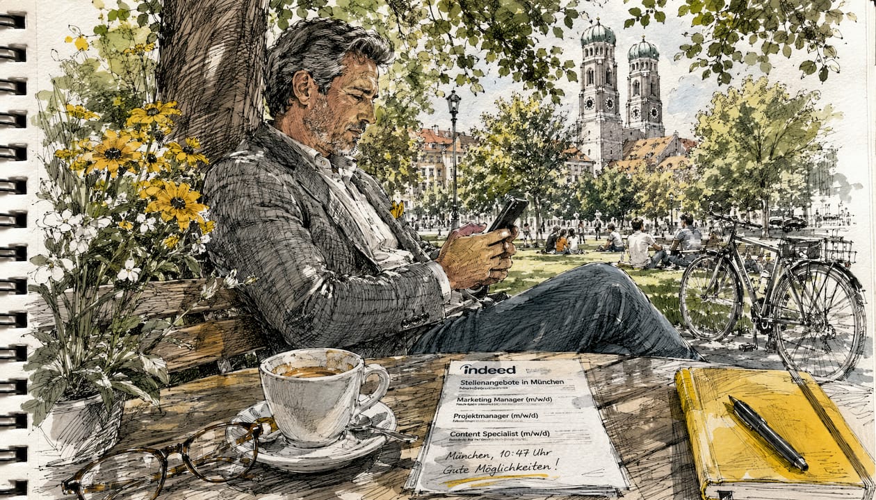 Ein Mann sitzt im Café und sucht mit seinem Smartphone nach neuen Jobangeboten.