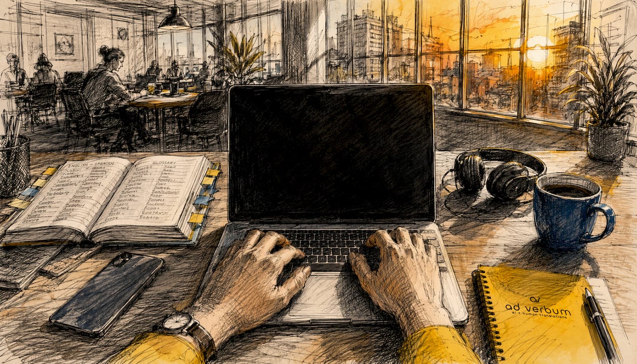 Translator's desk with technology tools and glossary