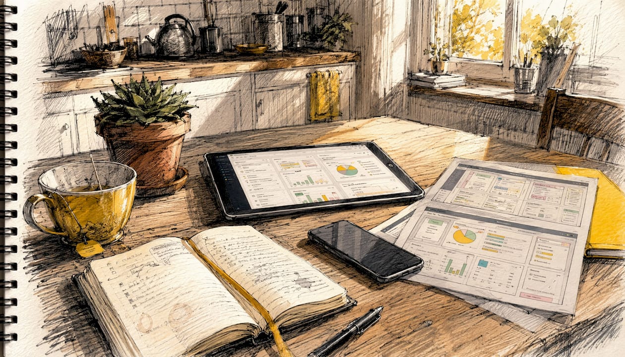 Moderner Arbeitsplatz mit digitalen Tools und klassischen Unterlagen