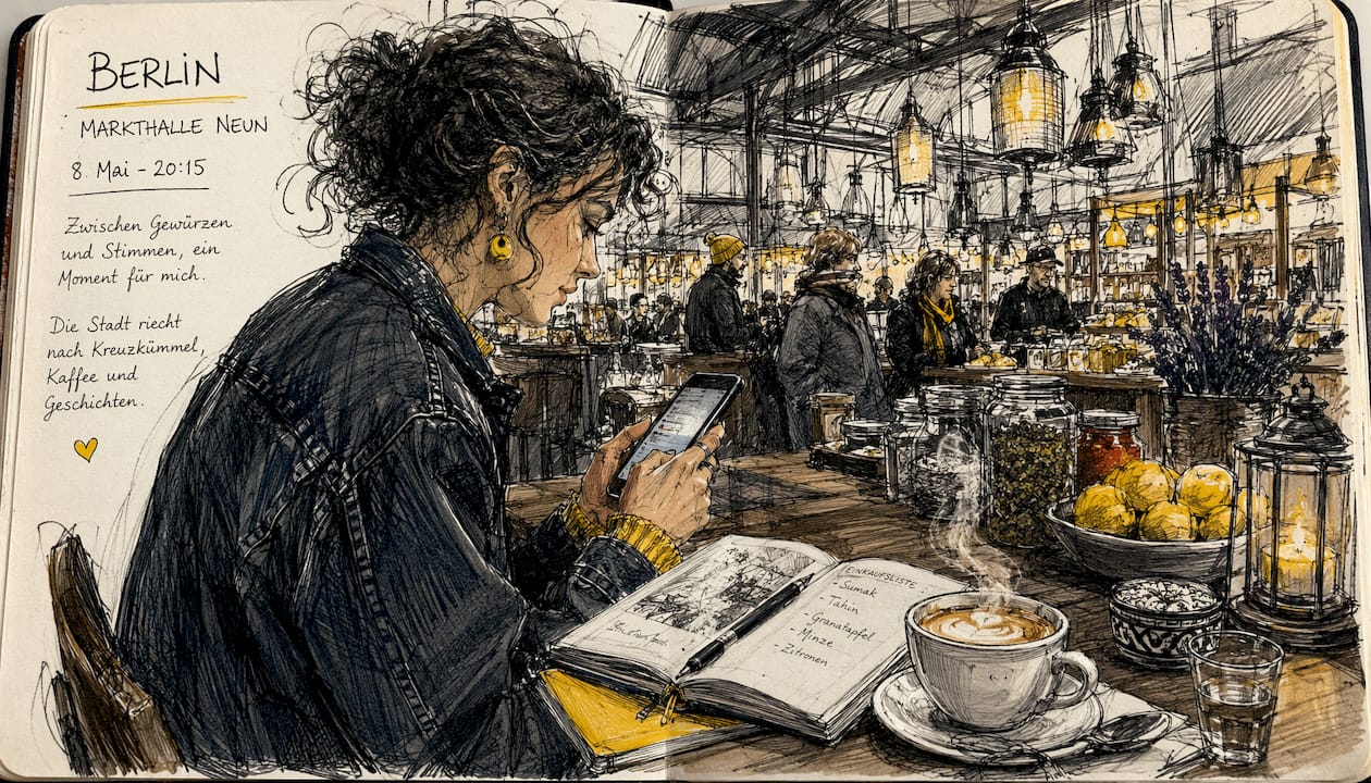 Eine Frau vergleicht verschiedene Plattformen auf ihrem Smartphone, während sie entspannt im Café sitzt.
