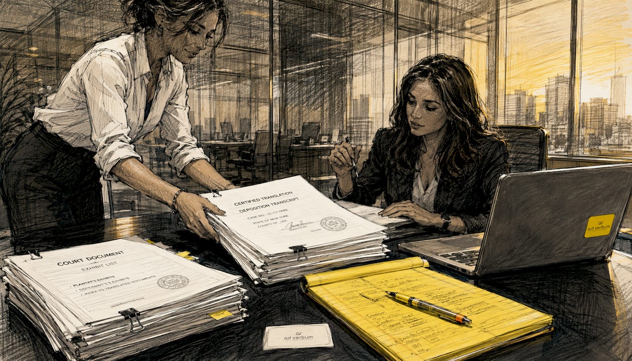 Hands exchanging certified legal transcripts in law firm