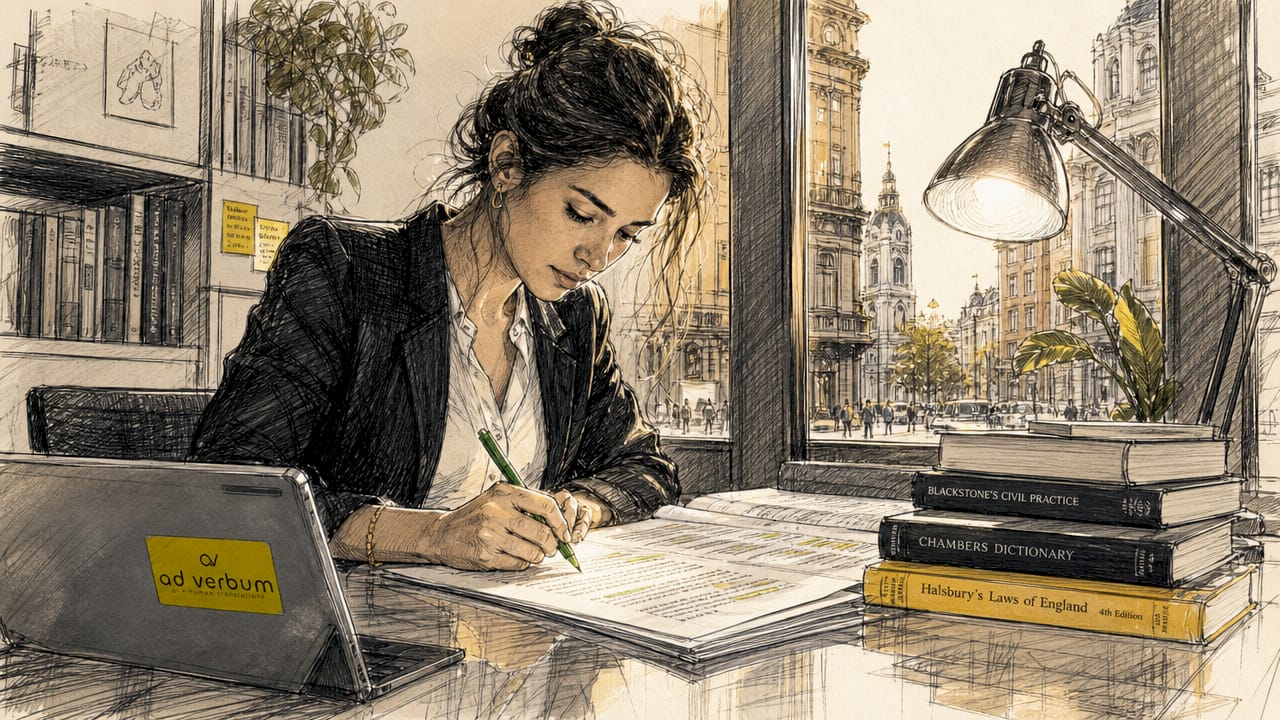 Translator annotating legal documents at home office desk