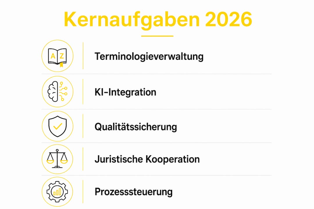 Grafik veranschaulicht die wichtigsten Aufgaben von Sprachwissenschaftlern im Jahr 2026