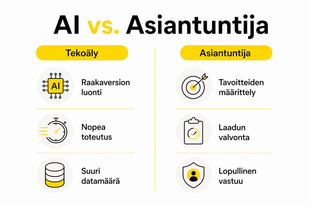 Infografiikka: tekoälyn ja asiantuntijan roolit rinnakkain