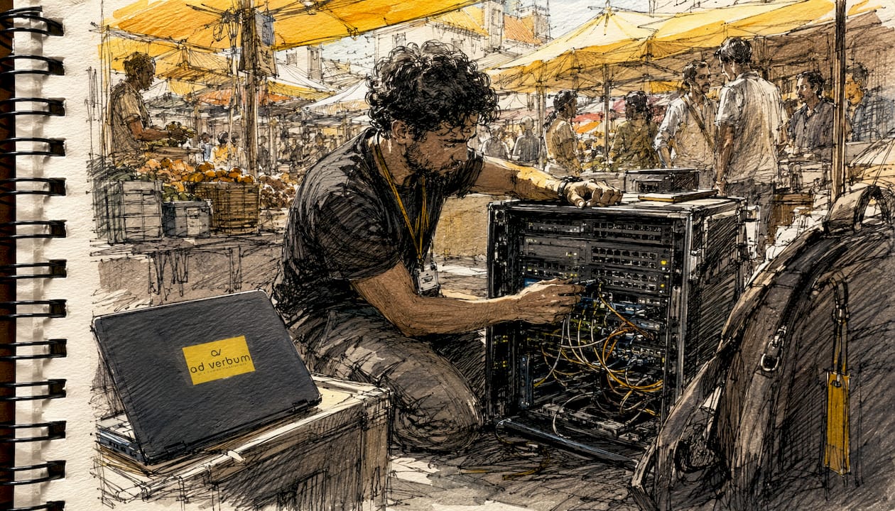 Technician adjusting hardware in server room