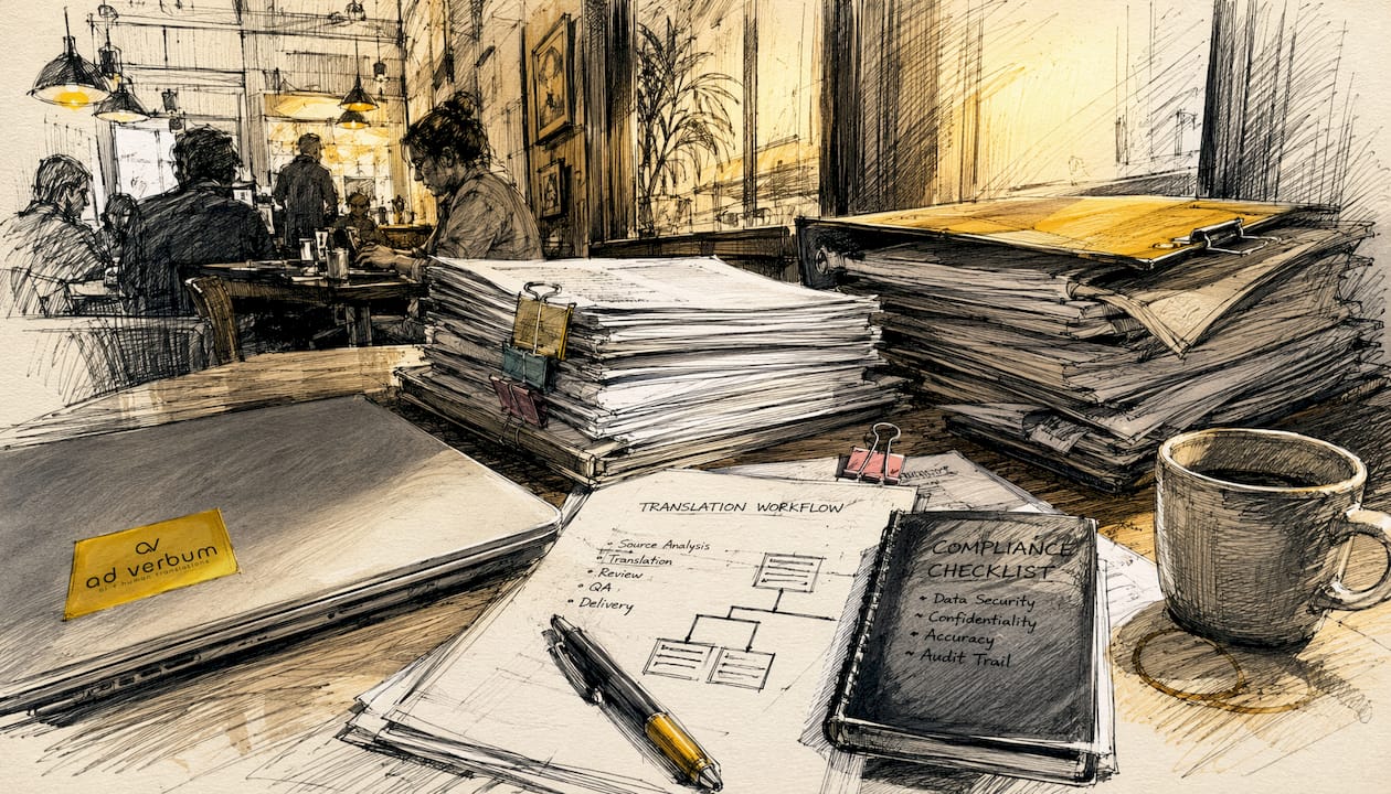 Translation workflow tools on cluttered office desk