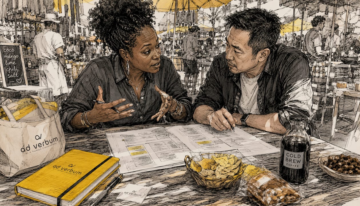 Localization specialists discussing strategy at café table