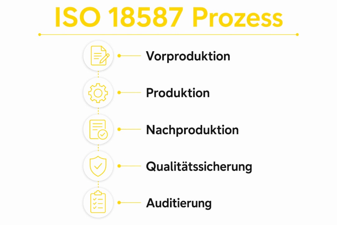 Die Infografik veranschaulicht die einzelnen Schritte des ISO 18587 Prozesses übersichtlich in mehreren Phasen.