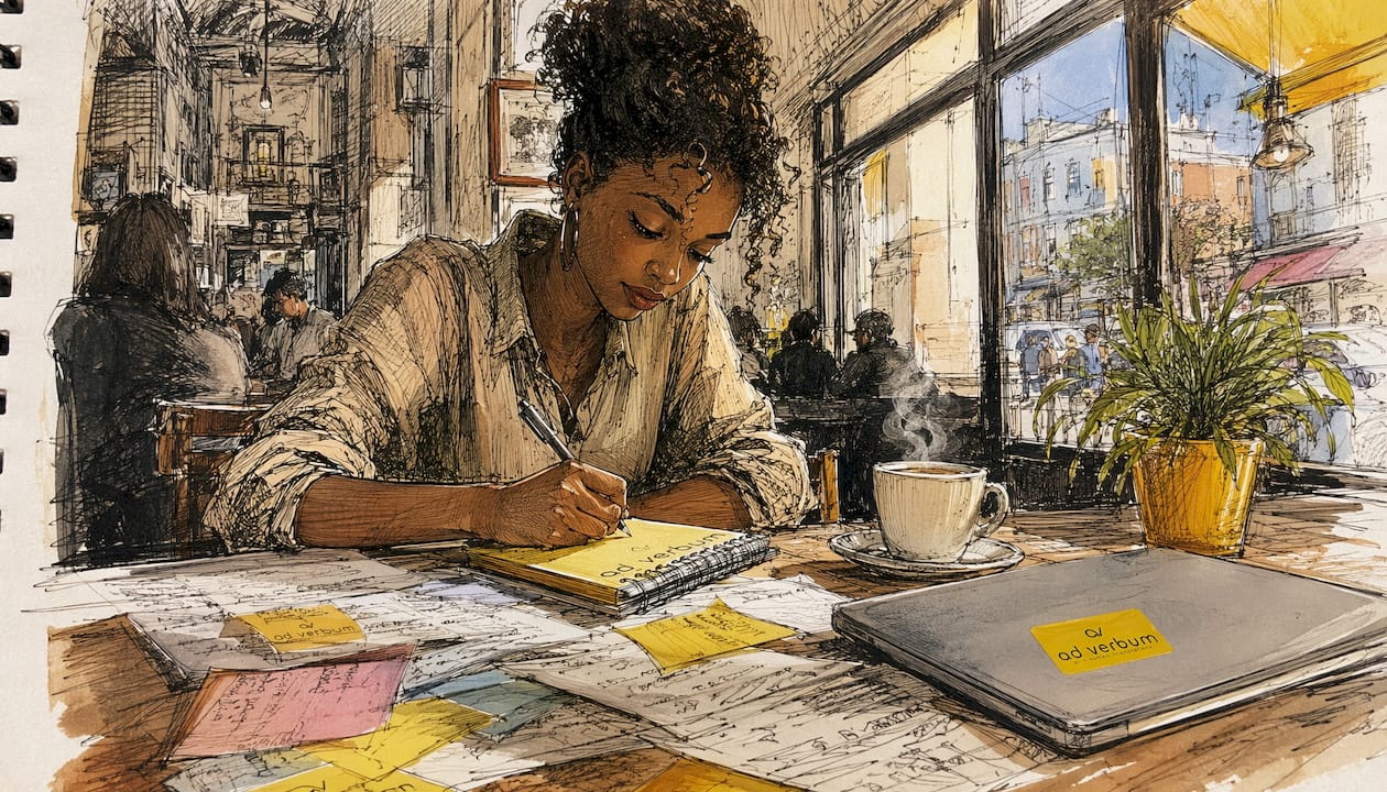 Translator working at desk with documents and compliance binders.
