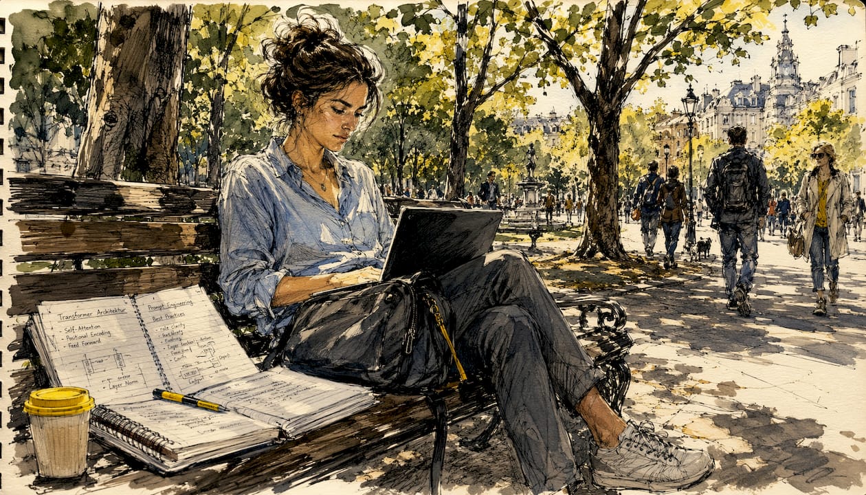 Eine Frau sitzt in der Straßenbahn und arbeitet an ihrem Laptop, während sie sich Notizen macht.