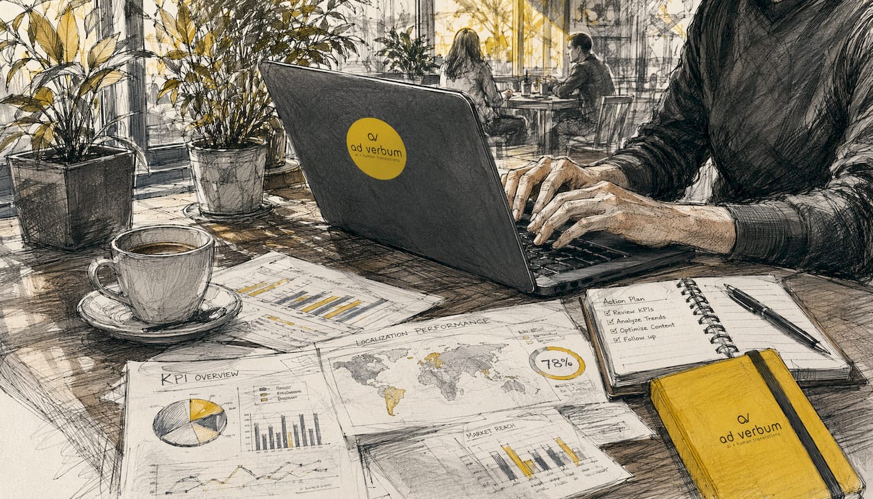 Close-up of hands typing near KPI printouts
