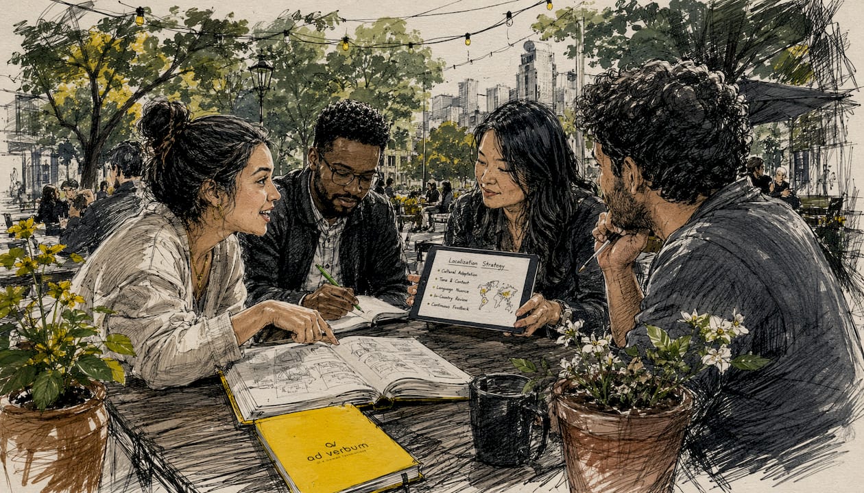 Team discussing localization ROI around table