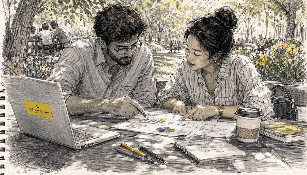 Analysts reviewing graphs at café table
