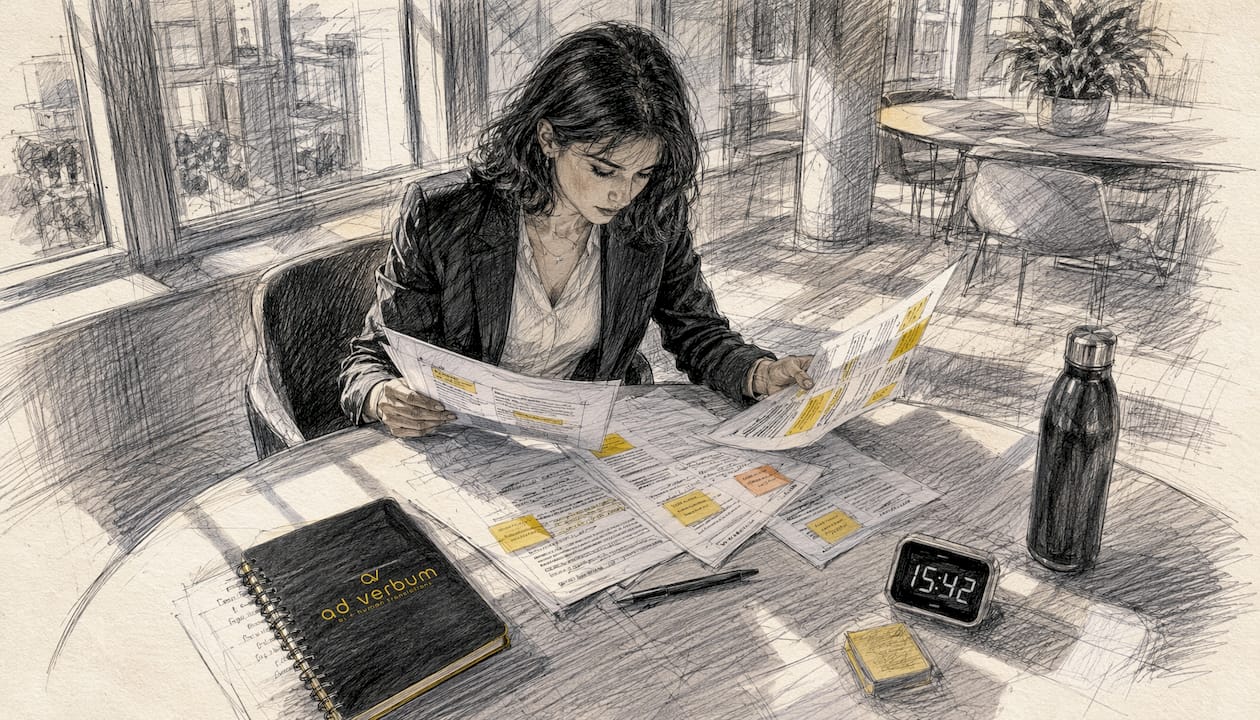 Compliance officer reviewing printed regulatory documents