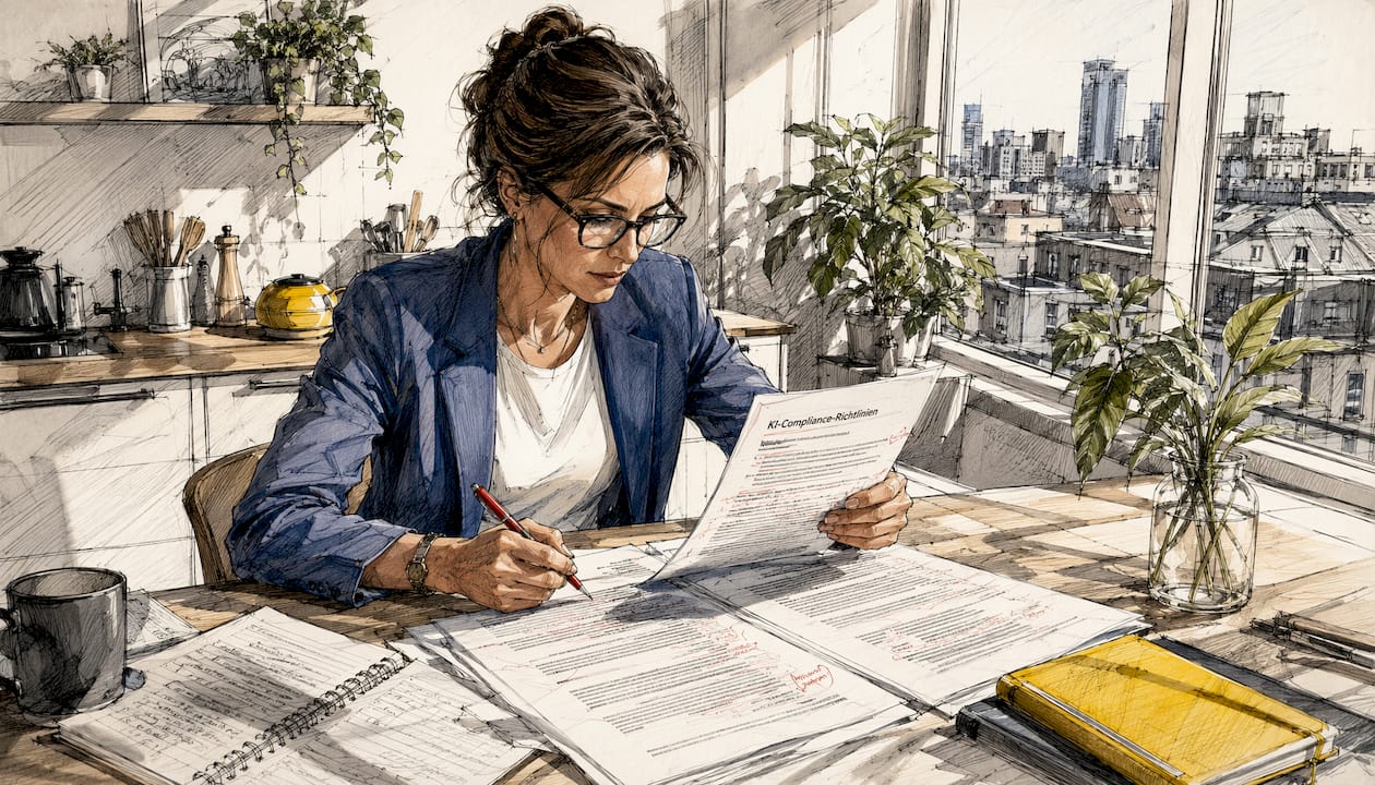 Eine Compliance-Managerin überprüft im Büro Unterlagen im Zusammenhang mit Künstlicher Intelligenz.
