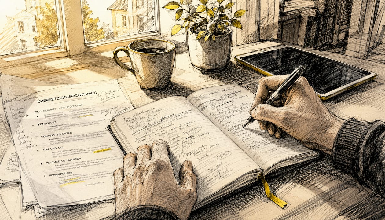 Die Hände eines Übersetzers beim Arbeiten mit Notizen und KI-gestützten Texten