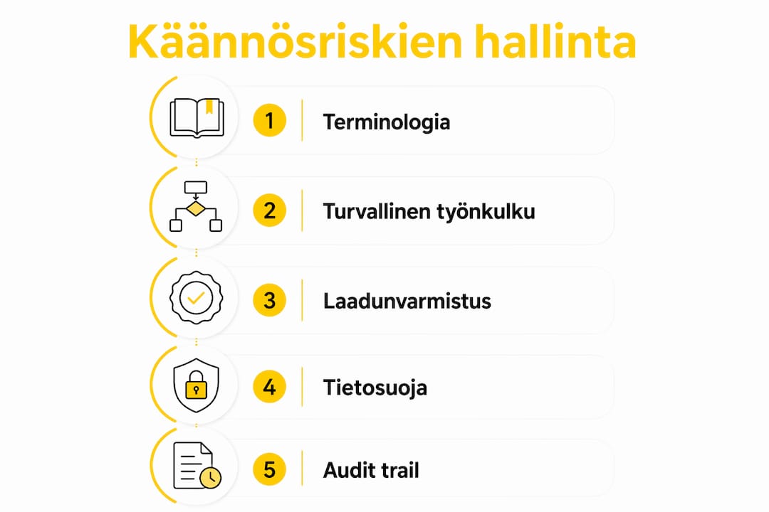 Infografiikka: miten käännösriskejä hallitaan vaihe vaiheelta