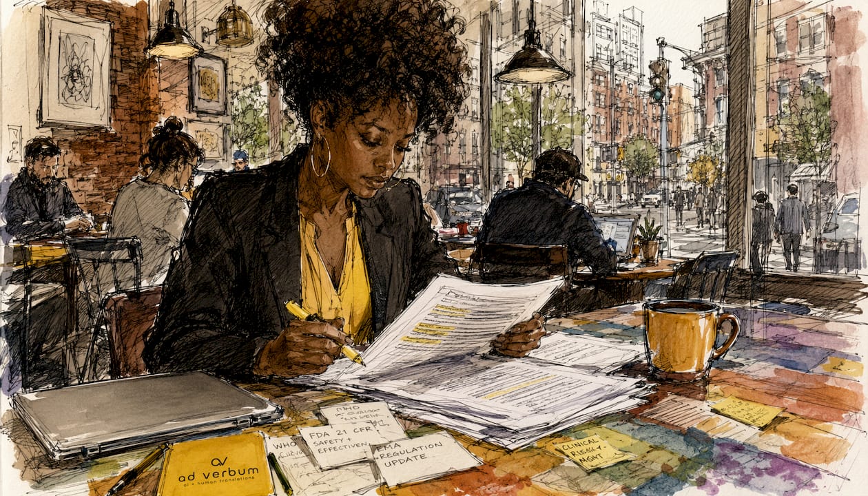 Translator reviewing medical documents in urban workspace