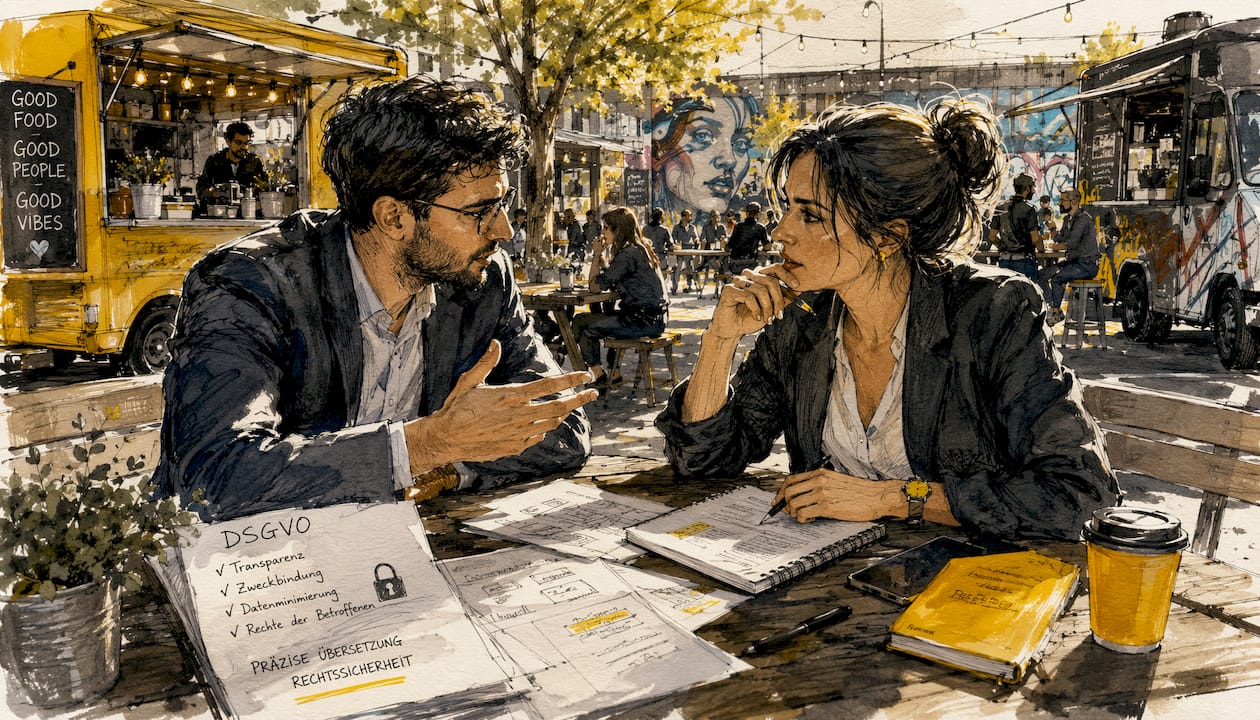 Zwei Fachleute tauschen sich im Freien über die Einhaltung der DSGVO aus.