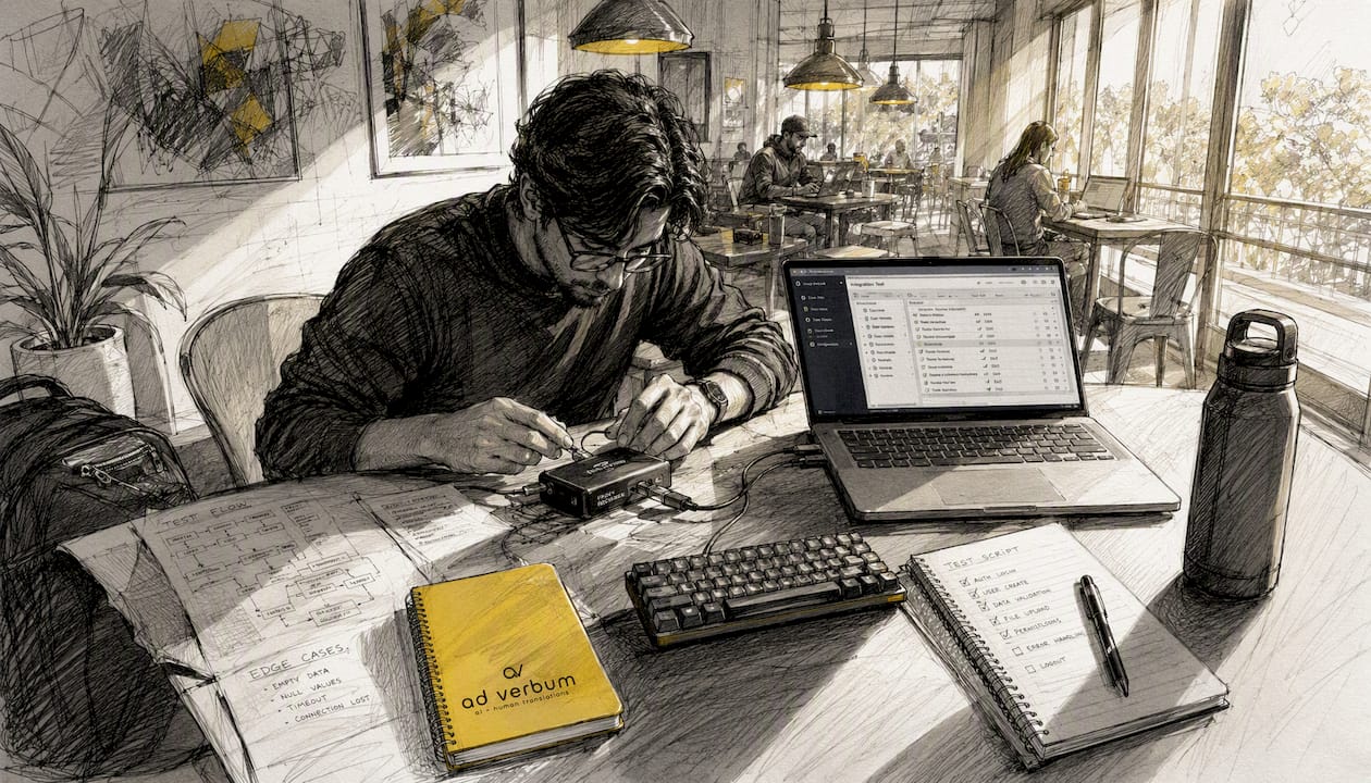 QA engineer preparing API test setup at cluttered loft desk