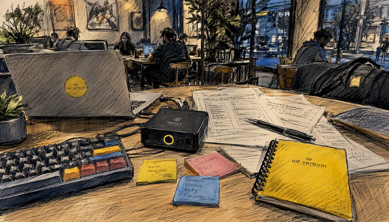 Close-up proxy device and API capture logs on desk