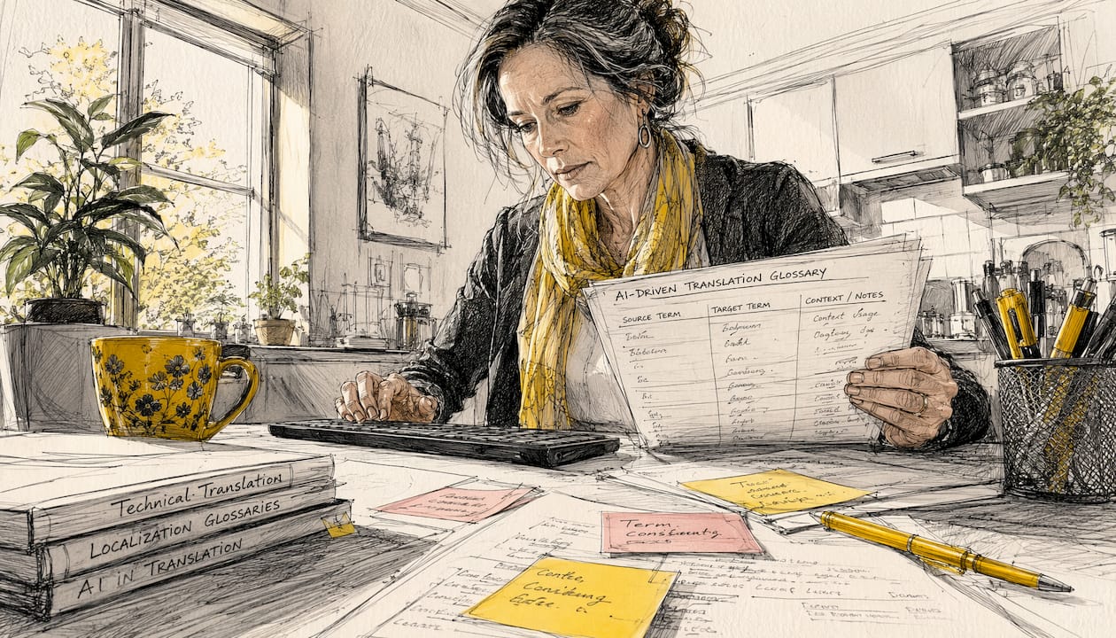 Kädet naputtelevat näppäimistöä työpöydän ääressä, vieressä sanastot auki käännöstyötä varten.