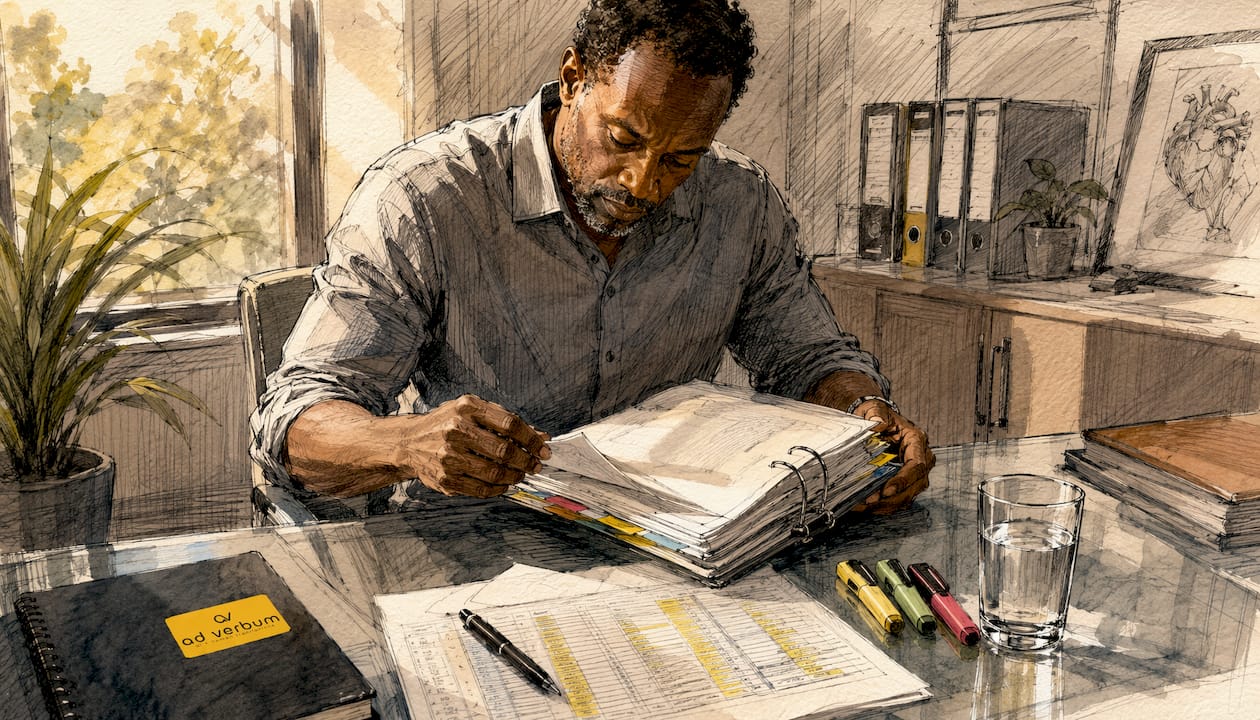 Translation manager reviewing binders in medical office